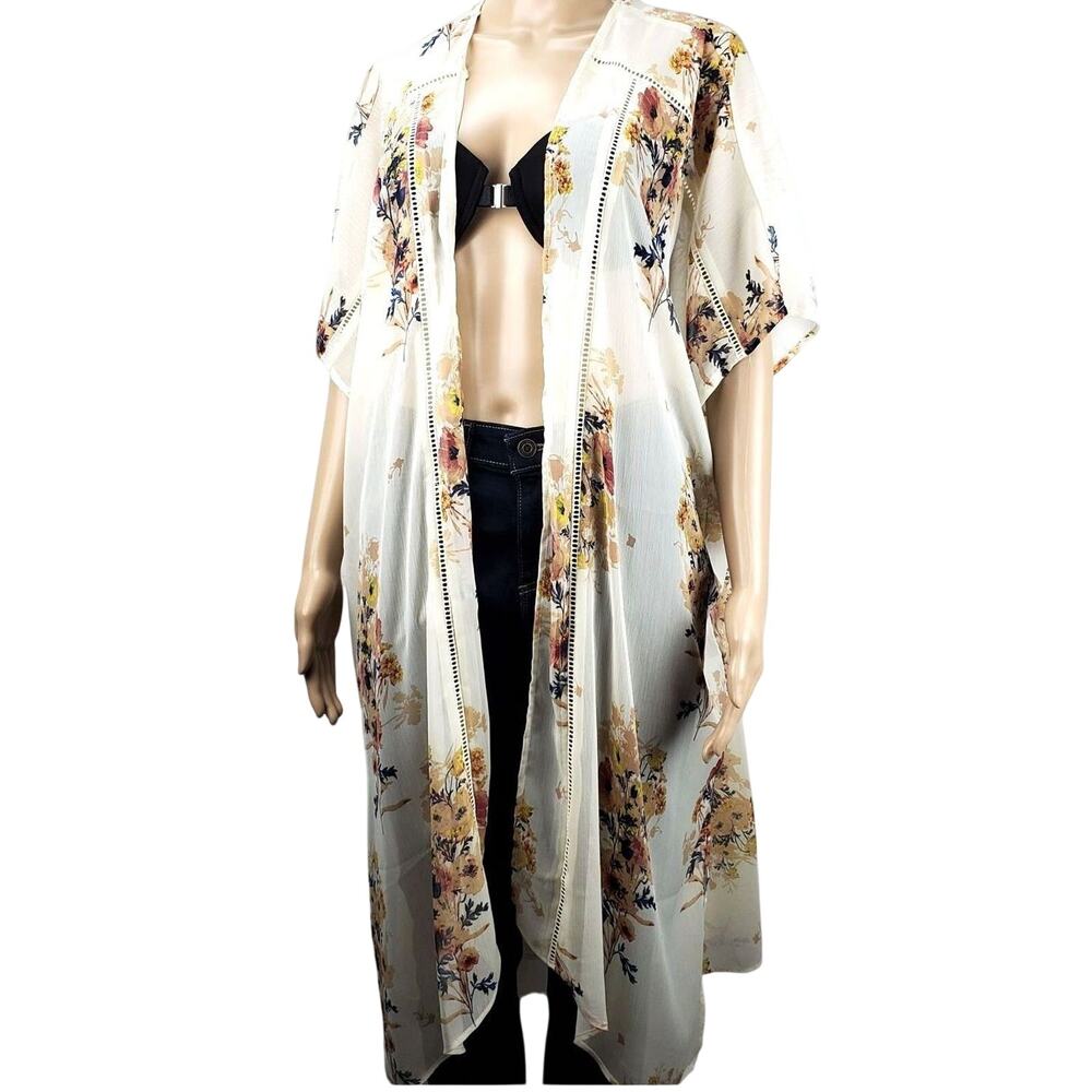 Floral Midi Kimono Duster Crochet Lace Detail Summer Coverup Oversized S/XS NWT